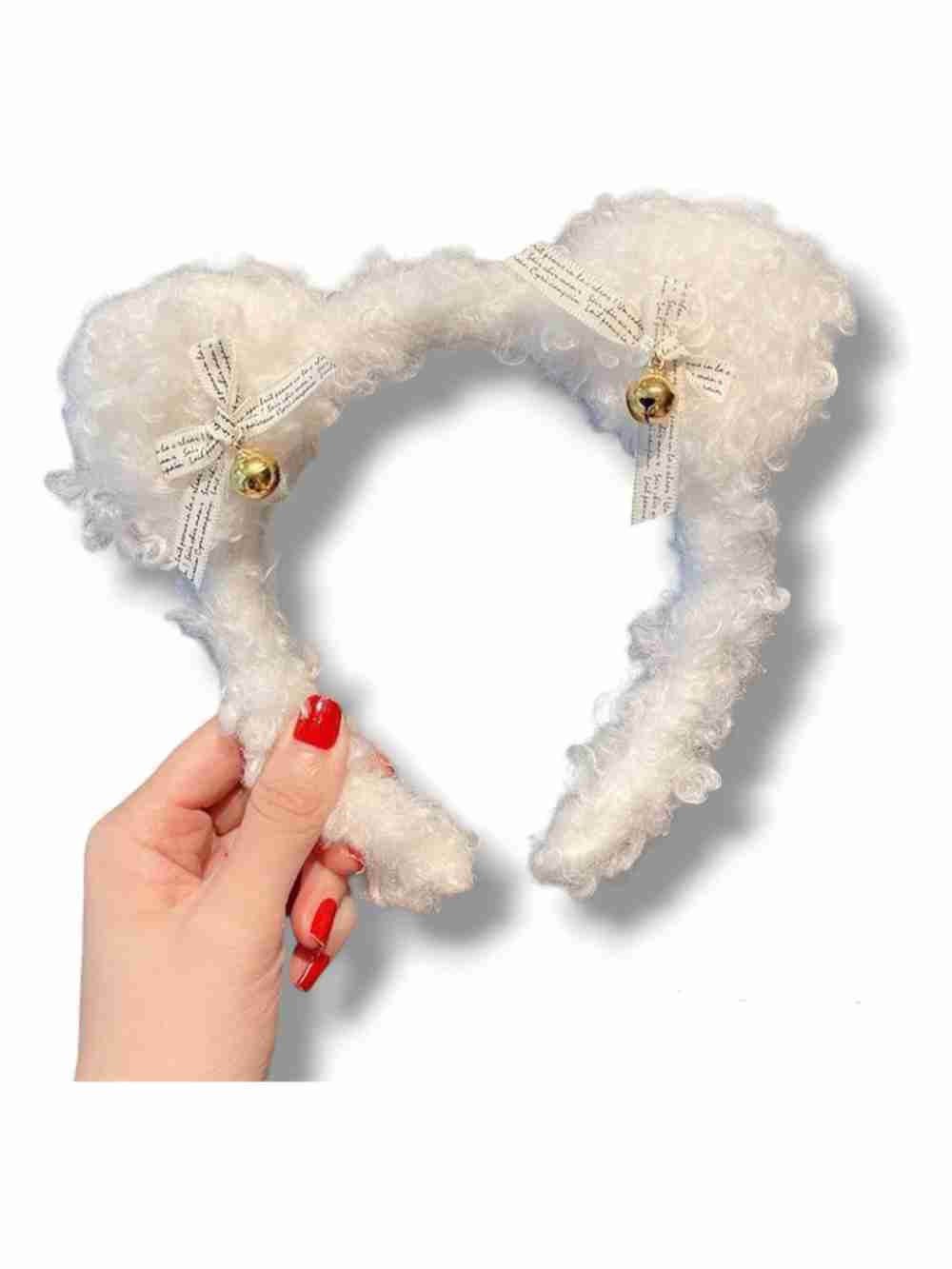 Cintillo Diadema Aro De Felpa Orejas Oso Blanco Con Cascabel