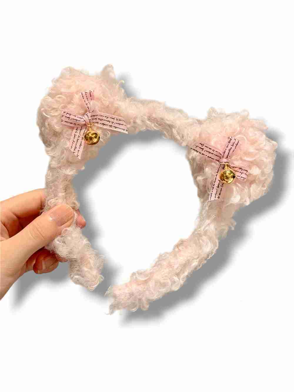 Cintillo Diadema Aro De Felpa Orejas Oso Rosado Con Cascabel